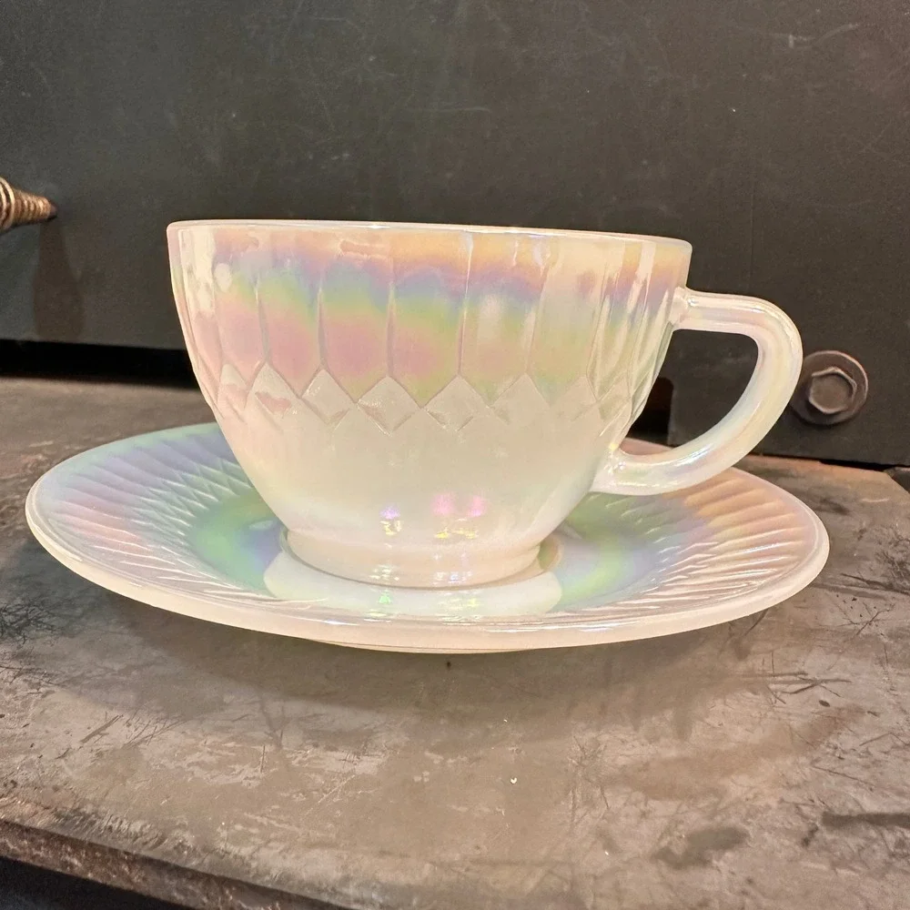 Federal Glass Moonglow Iridescent Tea Cup Saucer Set Vintage 1960s Lustre 6pc